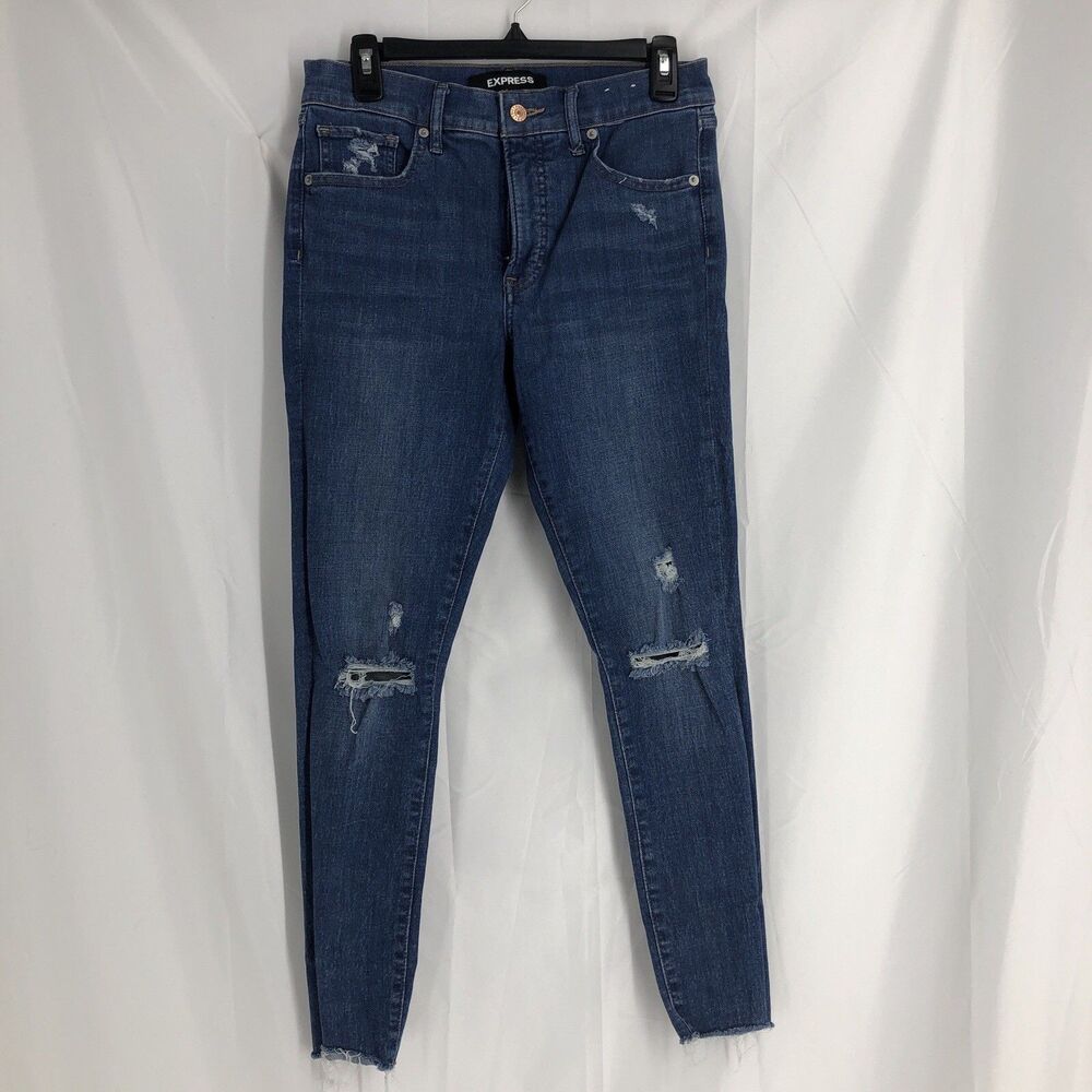 Express Womens Jeans 8 ankle legging blue zip stretch mid rise Distressed